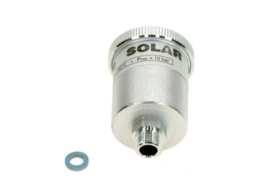 BOSCH Entlüftungsventil in Silber, zylindrische Form mit Anschlussgewinde, begleitet von einer blauen Dichtung. Maximale Druckangabe von 10 bar.